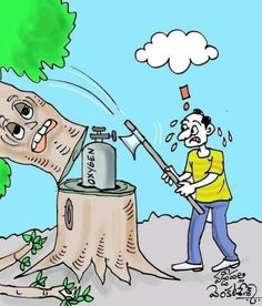 a cartoon drawing of a tree stump being used as a water source by a man