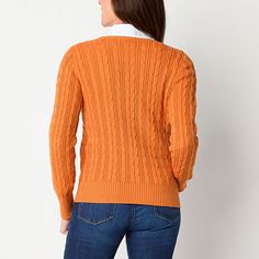 This St. John's Bay women's pullover sweater is a must-have piece for cooler days. It's made from a soft cotton-blend cable knit in a regular-fit with a classic crew neckline, long sleeves, and ribbed trim. Wear it with jeans and loafers for a sharp, everyday look.Features: EssentialsClosure Type: Pullover HeadFit: Regular FitNeckline: Crew NeckSleeve Length: Long SleeveSleeve Style: Fitted SleeveApparel Length: 24.5 Inches - Back, 25 Inches - FrontFiber Content: 88% Cotton, 12% NylonFabric Des… Fall Cotton Cable Knit Polo Sweater, Cable Knit Cotton Polo Sweater For Fall, Casual Cable Knit Polo Sweater For Work, Fall Cable Knit Cotton Polo Sweater, Winter Cotton Polo Sweater, Long Sleeve Cable Knit Polo Sweater, Cotton Cable Knit Sweater For Work, Cable Knit Long Sleeve Polo Sweater, Winter Cotton Cable Knit Polo Sweater