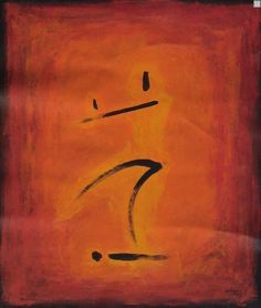 an orange painting with black lines and a number 7 on it's face in front of a red background