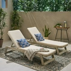 two chaise lounge chairs sitting on top of a rug next to a potted plant