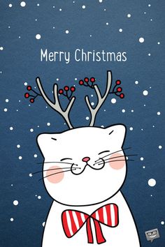 a white cat with reindeer antlers on its head is wearing a red bow tie