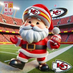 a santa clause standing on top of a field next to a football helmet and ball