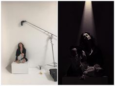 three different images with one woman sitting on the floor and another standing in front of a lamp