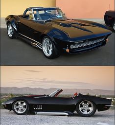 two pictures of the same classic car in different stages of being painted black and gold