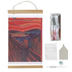 a cross stitch kit with an image of the scream painting on it and other items