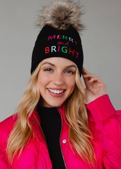 Black pom hat Multicolored embroidered "Merry and Bright" on cuff Natural faux fur pom accent Fleece lined 100% Acrylic Knitted Hats Kids, Knit Hat For Men, Knit Jewelry, Holiday Hats, Cozy Hat, Blouse Tank Top, Winter Hats For Women, Pom Pom Hat, Knitting For Kids