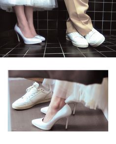 two pictures of people's feet in white shoes and one has their legs crossed