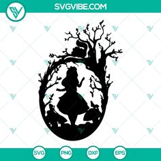 the silhouette of alice and the wonderland tree is shown in black on a white background