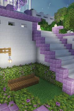 the interior of a minecraft house with purple walls and steps leading up to it