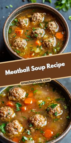 two bowls filled with meatball soup on top of a black table and another bowl full of meatballs