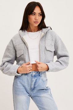 SWEAT SEMI CROP Grey Zip Front Hoodie Long Sleeve for Women by Ally Zip Up Sweatshirt Outfit, Gamine Outfits, Cropped Zip Up, Ally Fashion, Oversized Hoodie, Fashion Seasons, Oversize Hoodie, Long Sleeve Hoodie