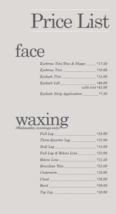 the price list for waxing products is shown in black and white on a gray background