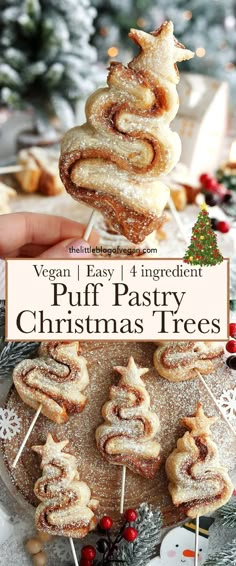 vegan puff pastry christmas trees on a stick with text overlay that reads vegan easy 4 ingredient puff pastry christmas trees