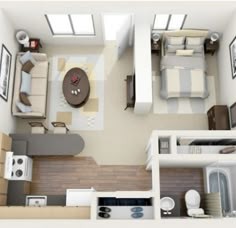 an overhead view of a bedroom and living room