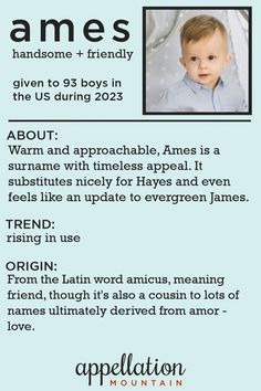 A handsome name that blends the best of Hayes + James into one smooth, polished surname name with an upbeat, friendly energy. #boynames #babynames #namingbaby #appellationmountain