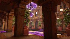 the inside of a building with purple flowers hanging from it's ceiling and potted plants on either side