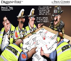 two firemen sitting at a table with a paper on it that says draw in the fire