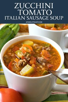 Zucchini Tomato Italian Sausage Soup Zucchini Tomato Italian Sausage Soup, Tomato Italian Sausage Soup, Zucchini Tomato Soup, Soup With Zucchini, Sopas Light, Sausage Soup Recipes, Zucchini Tomato, Italian Sausage Soup, Zucchini Soup