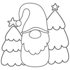 a santa claus face with three trees in the foreground and a star on top