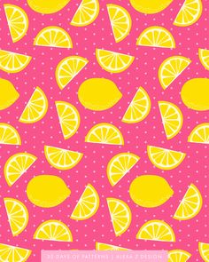 a pink background with yellow lemons and polka dots