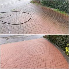 two images showing the same brick walkway and how to clean it