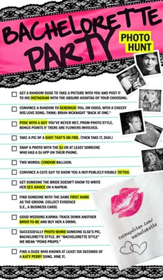 an advertisement for bachelor party with pink lipstick and black lace on the bottom, which reads bachelor party photo hunt