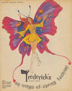 an old advertisement for the tederrick's on wings of spring, with a woman in a yellow dress and butterfly wings