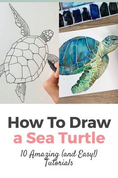 someone is drawing a sea turtle with watercolors on paper and then it's painted