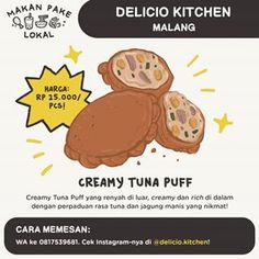 an advertisement for creamy tuna puffs with the caption delico kitchen malaysia