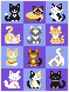 a cross stitch pattern with cats and kittens on it's squares, all in different colors