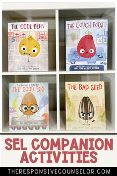 four children's books in a bookcase with the title sel companion activities