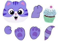 an image of a purple cat with cupcakes on it's face and feet