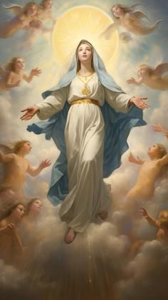 an image of the immaculate mary with angels in the sky above her and behind her