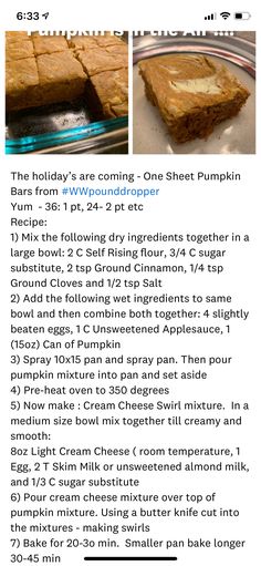 the recipe for pumpkin brownies is shown