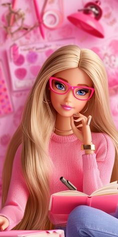 a barbie doll with pink glasses sitting in front of a desk full of books and pens