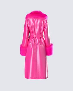 This coat is exuding boss a** b*tch energy ❤️‍🔥 As all your FINESSE fam does on the reg 💅... and can we talk about this faux fur trim? 😍 Note: the fur collar is removable! Note: this is faux leather as we don't use any real animal products in our fits ✨ Luxury Pink Outerwear For Evening, All Pink Wardrobe, Luxury Trendy Pink Outerwear, Cute Jackets For Women, Luxury Long Coat With Feather Trim, Fur Coats, Elegant Luxury Pink Outerwear, Luxury Pink Festive Outerwear, Luxury Fur Coat With Feather Trim For Parties