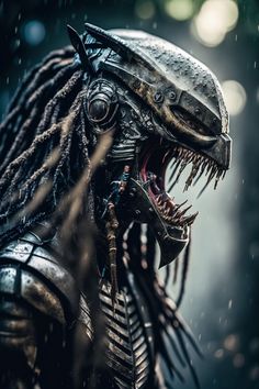 an alien predator with dreadlocks and fangs on his face, standing in the rain