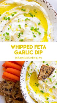 whipped feta garlic dip in a bowl with carrots and crackers on the side