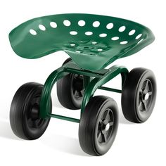 a green plastic chair with wheels and holes on the seat is shown in front of a white background