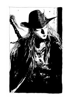 a black and white drawing of a woman with long hair wearing a hat, holding a knife