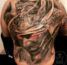 Back Piece Tattoo by Boris Evil Samurai, Samurai Back Tattoo, Tattoo Evil, Japanese Back Tattoo, Helmet Tattoo