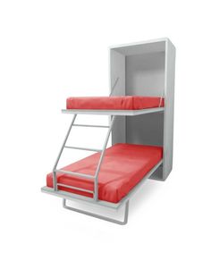 a white bunk bed with a red mattress on it and a built - in shelf