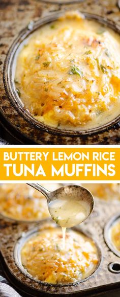 a muffin pan filled with buttery lemon rice tuna muffins and topped with melted cheese