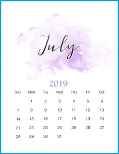 a calendar with the word july written in black ink on a white background and purple watercolor