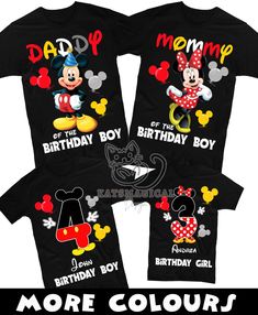 three mickey mouse birthday shirts with the names of each child