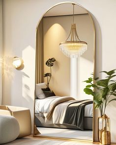 a bedroom with a bed, chair and mirror in the corner next to a potted plant