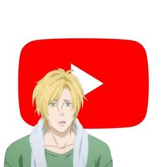 a man with blonde hair wearing a green shirt and scarf in front of a red speech bubble