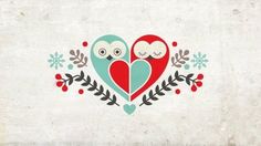 two owls sitting on top of each other in the shape of a heart with leaves and snowflakes