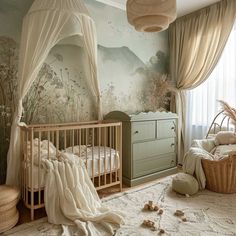 a baby's room decorated in neutral colors