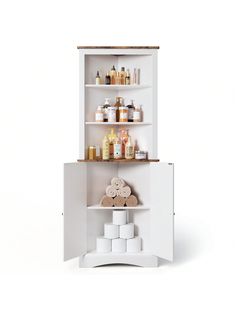 a white cabinet with shelves filled with different items